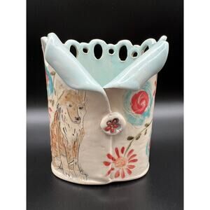 Deb Babcock Art Pottery Toothbrush Holder Desk Organizer 5.5” Blue Sky
